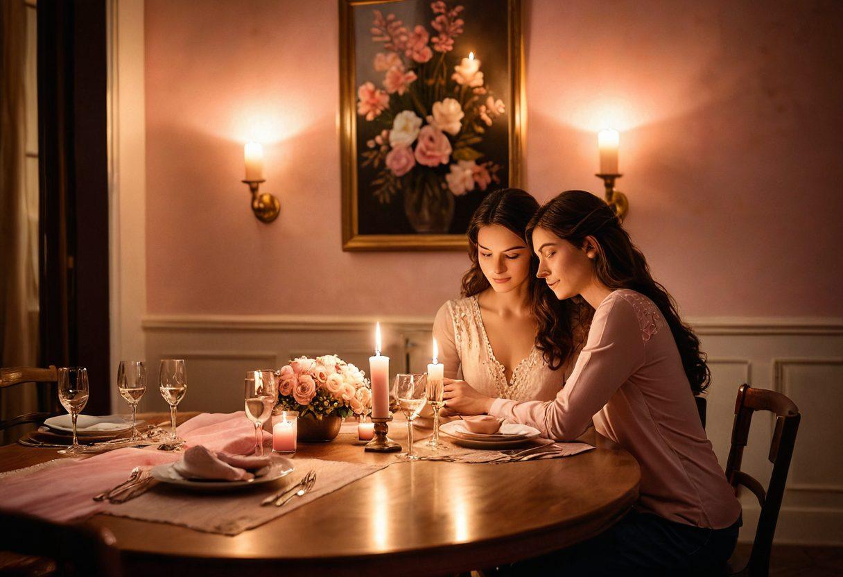 A cozy, dimly-lit room with a beautifully set dining table adorned with candles and flowers, where a couple is sharing a tender moment, gazing into each other's eyes. Soft shades of pink and warm lighting create a romantic atmosphere, while subtle heart motifs are woven into the decor. Emphasize the warmth and connection between the two lovers as they enjoy their intimate evening. super-realistic. warm colors. soft focus.