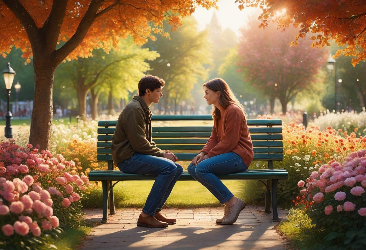 A cozy scene featuring a couple sitting together on a park bench, sharing a heartfelt conversation, surrounded by blooming flowers and soft afternoon light. Include symbolic elements like a key unlocking a heart in the background, representing love secrets. Add gentle colors that evoke warmth and intimacy. super-realistic. vibrant colors. soft focus.