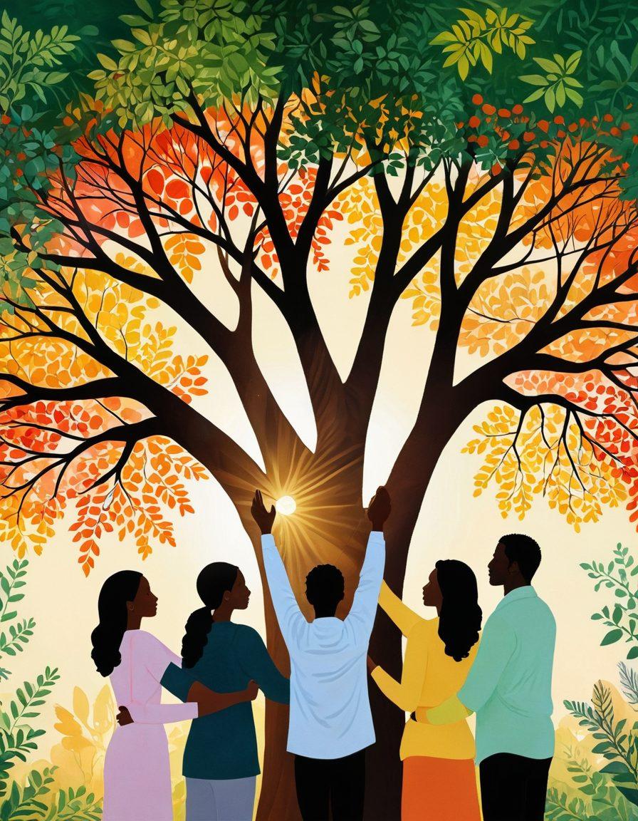 An intimate scene depicting diverse people sharing a warm embrace under a colorful tree symbolizing growth and connection. Include symbols of trust such as open hands and heart shapes around them, with soft sunlight filtering through the leaves. The background should be serene, promoting a sense of peace and compassion. vibrant colors. super-realistic.